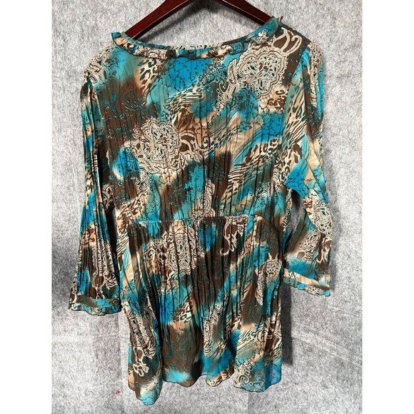 Notations Womens Boho Tunic Top L Blue Brown Abstract Print 3/4 Sleeve sheer - Picture 3 of 5